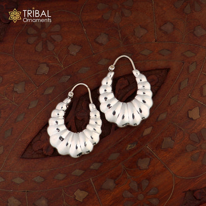 Sterling silver handmade drop dangle hoop earrings by TRIBAL ORNAMENTS featuring intricate tribal designs.