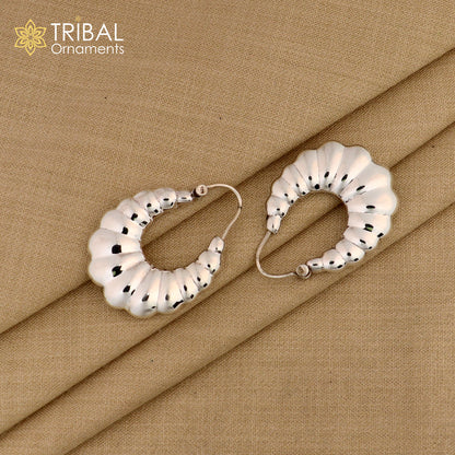 Sterling silver handmade drop dangle hoop earrings by Tribal Ornaments featuring intricate tribal design.