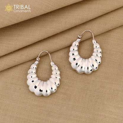 Handmade 925 sterling silver drop dangle hoops earrings by Tribal Ornaments with intricate tribal design details.