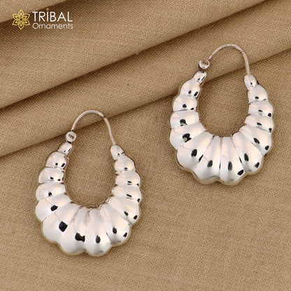 Sterling silver handmade drop dangle hoop earrings by Tribal Ornaments, featuring intricate tribal-inspired design.