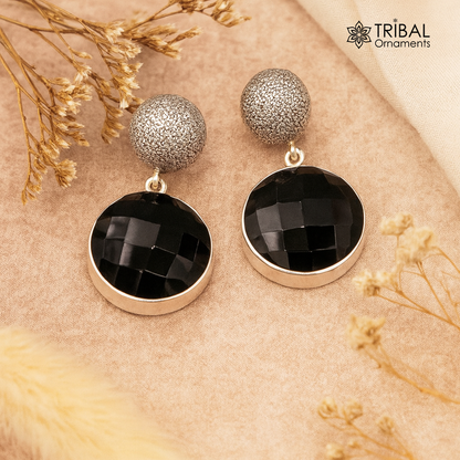 Bollywood style 925 silver handmade black onyx stone hoops earring dangle s152 - TRIBAL ORNAMENTS