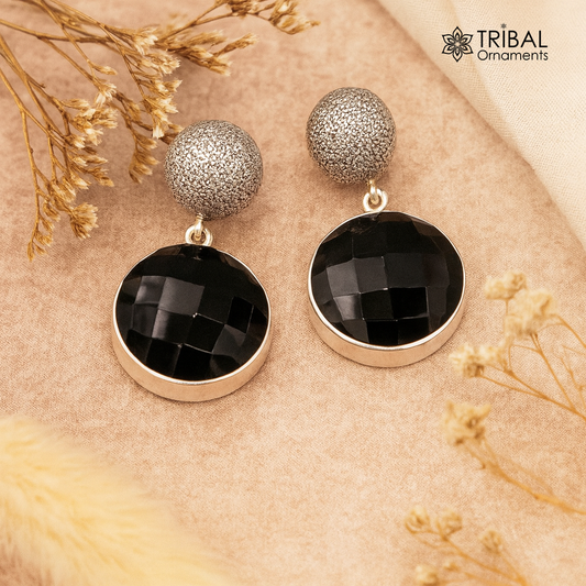 Bollywood style 925 silver handmade black onyx stone hoops earring dangle s152 - TRIBAL ORNAMENTS