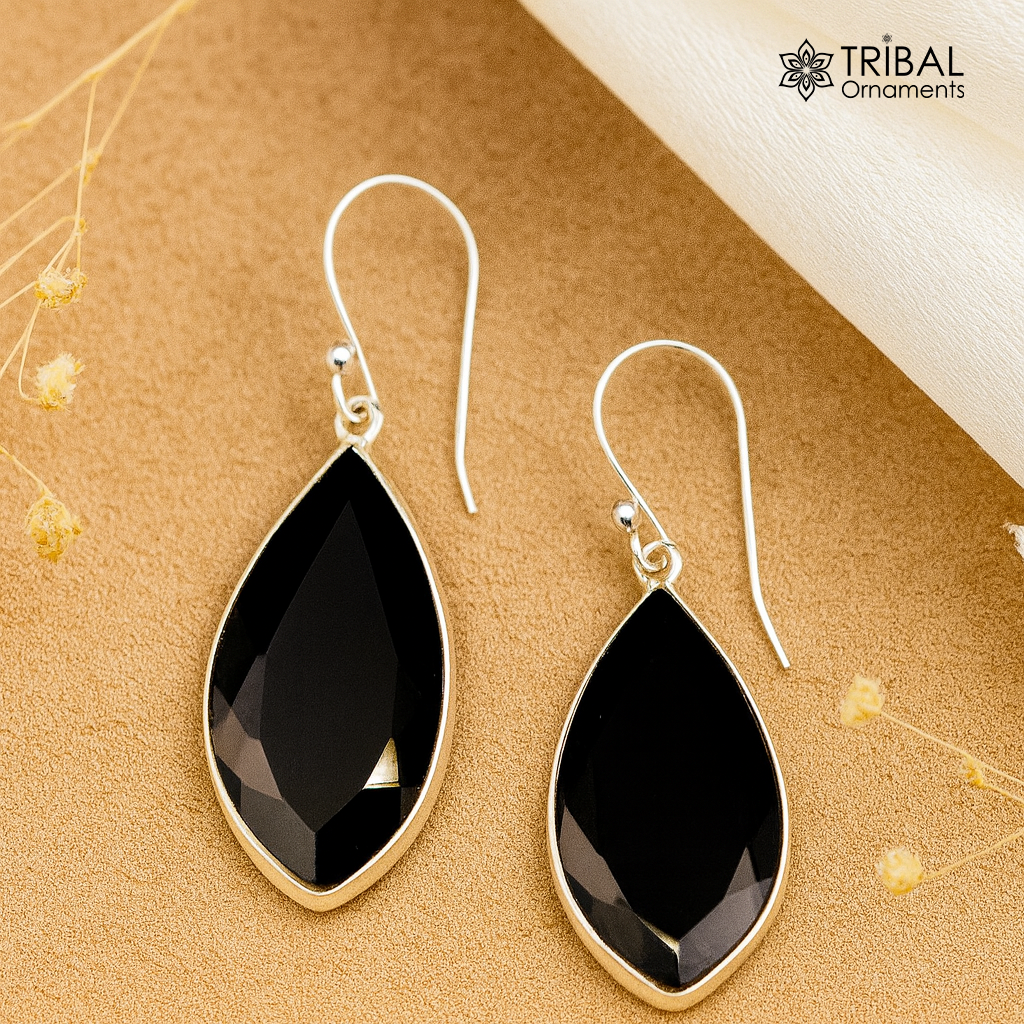 Excellent gifting jewelry black onyx 925 silver hoops drop dangle earring s129 - TRIBAL ORNAMENTS