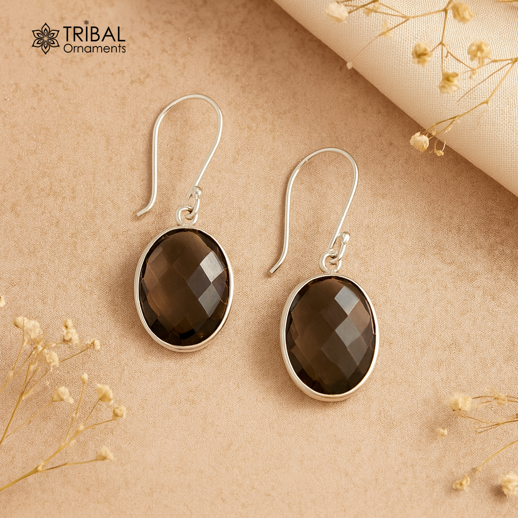 Fabulous smoky quartz 925 silver drop dangle hoops earrings daily use stud s183 - TRIBAL ORNAMENTS