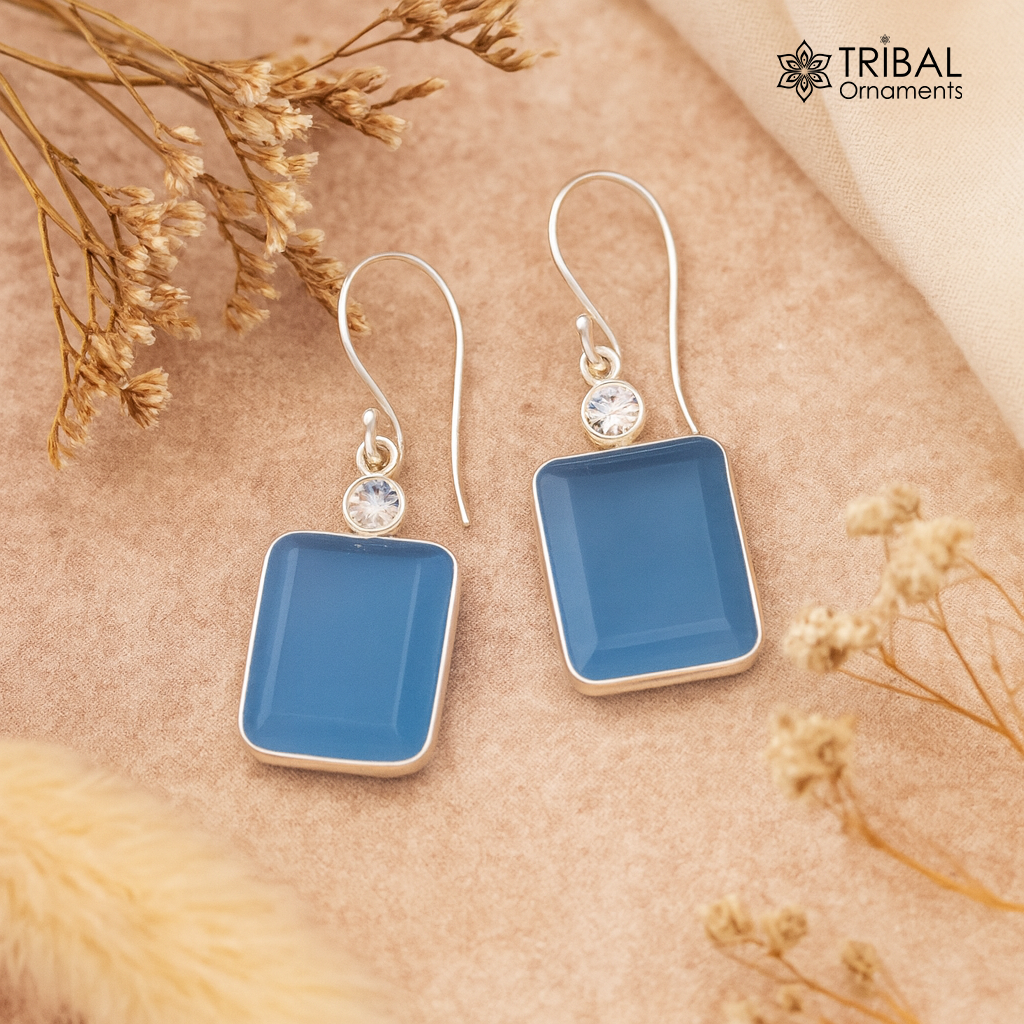Pretty sky blue quartz stone 925 sterling silver drop dangle hoops earrings s124 - TRIBAL ORNAMENTS