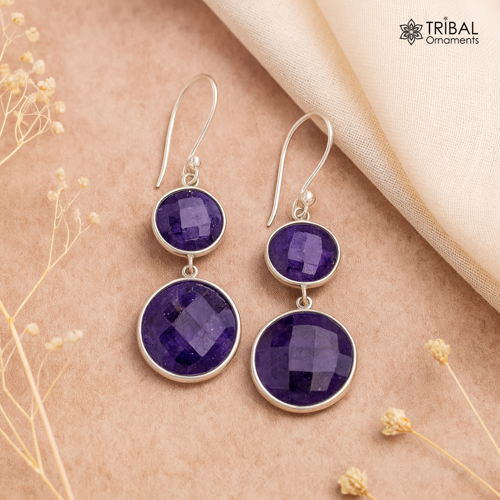 Simulated sapphire 925 silver daily use simulated sapphire hoops earrings s163 - TRIBAL ORNAMENTS