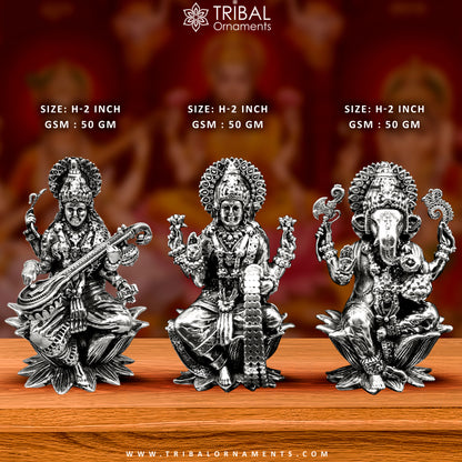 Small 2-inch handmade 925 sterling silver Hindu idols of Laxmi, Ganesha, and Saraswati, traditional puja figurine by Tribal Ornaments