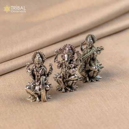 Small 2-inch 925 Sterling silver Hindu idols of Ganesha, Laxmi, and Saraswati, handcrafted puja figurines by Tribal Ornaments.