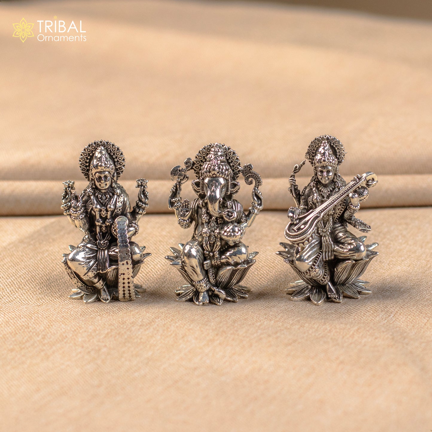 2" small 925 Sterling silver handmade customized Hindu idols Laxmi, Ganesha and Saraswati statue, puja article figurine, puja Article art126 - TRIBAL ORNAMENTS