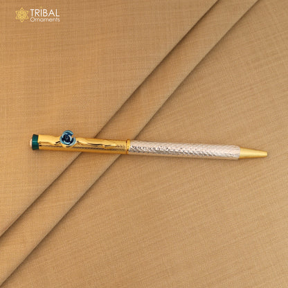 925 Sterling silver work writing ball pen by TRIBAL ORNAMENTS with intricate green silver detailing, ideal for gifting from India