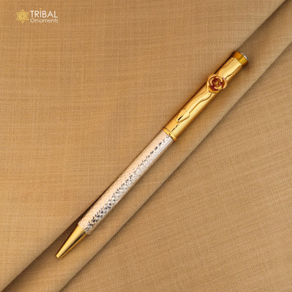 925 Sterling silver work writing ball pen by Tribal Ornaments with intricate silver design, ideal for gifting from India.