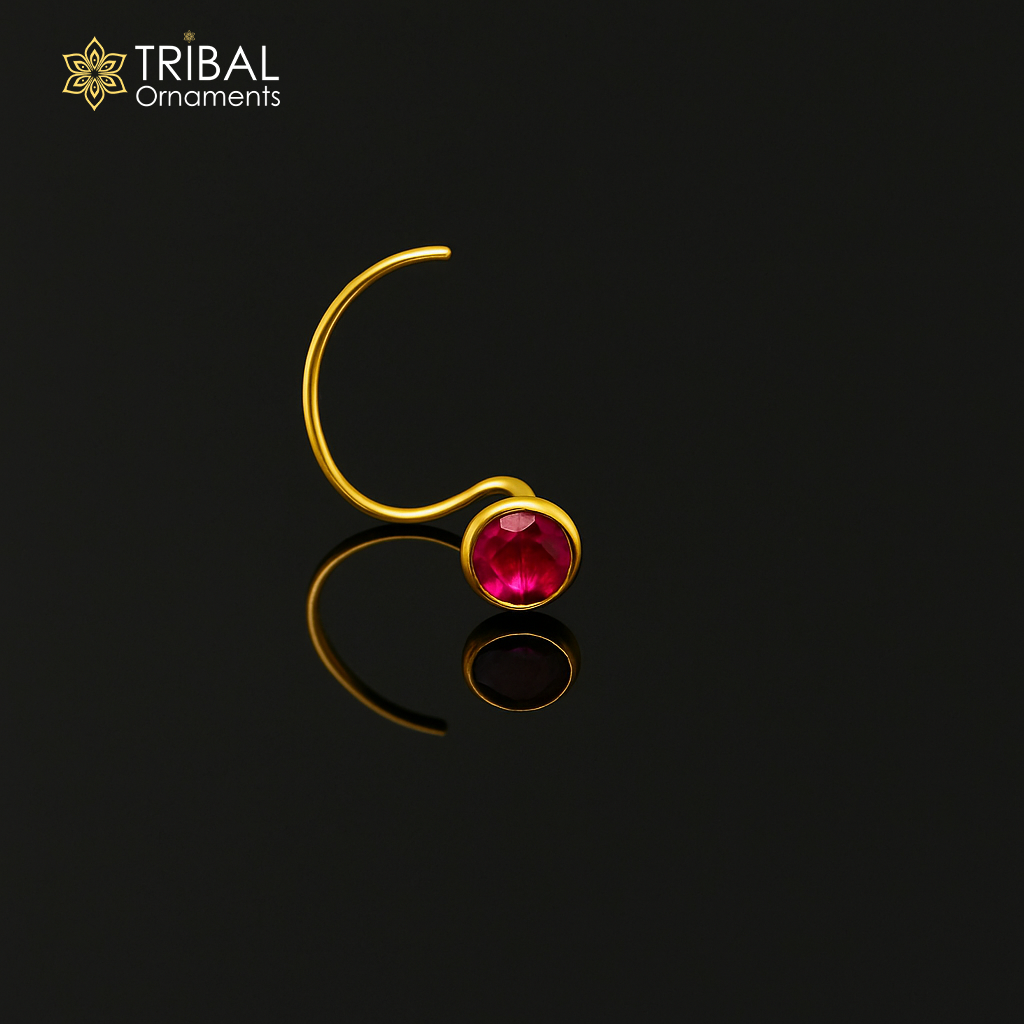 3.5mm tiny 18kt yellow gold handmade single stone nose pin U band nose stud cartilage customized pretty red stone jewelry gnp31 - TRIBAL ORNAMENTS