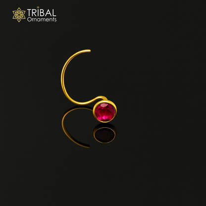18kt yellow gold handmade nose pin with 3.5mm green stone, L-band nose plug, cartilage jewelry, designed for girls, tribal ornaments.