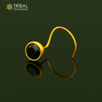 Tribal Ornaments 3.5mm yellow gold nose pin with single green stone, handmade L band nose plug for cartilage jewelry, for girls.