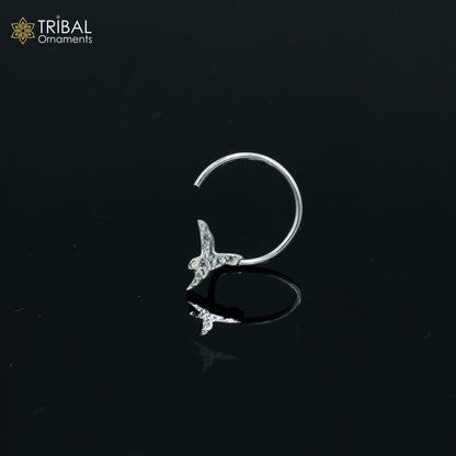 Sterling silver bird-design nose pin by Tribal Ornaments, U-band tribal jewelry nose pin, intricate silver tribal nose jewelry