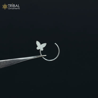 Sterling silver butterfly design nose pin with U-band style, tribal jewelry by Tribal Ornaments, delicate and detailed.