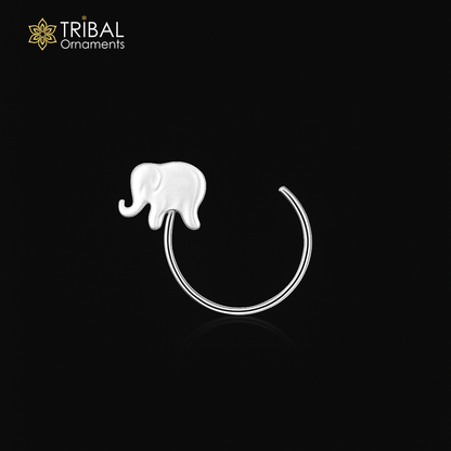 Sterling silver elephant design nose pin with U-band tribal jewelry style by Tribal Ornaments.