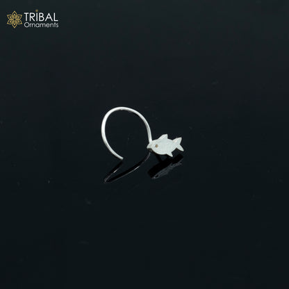 Sterling silver fish design nose pin from Tribal Ornaments, featuring a U-band tribal jewelry style for nose piercing.