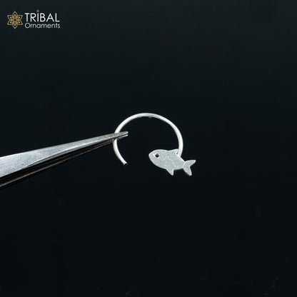 925 sterling silver fish design nose pin with U-band tribal jewelry style, featuring intricate tribal ornament details.