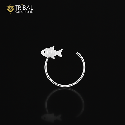 925 sterling silver fish design nose pin with U-band tribal jewelry style, featuring intricate craftsmanship and traditional tribal motifs.