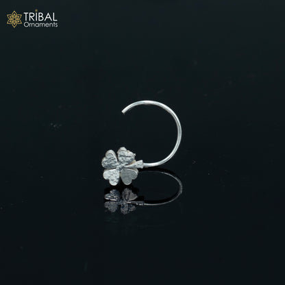 Sterling silver flower design nose pin with U-band style from Tribal Ornaments, featuring intricate tribal jewelry craftsmanship.