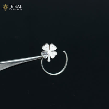 925 sterling silver flower design nose pin with U-band tribal jewelry style, featuring intricate floral detailing.