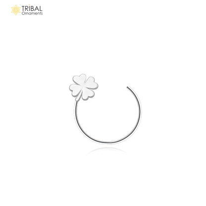 Sterling silver flower design nose pin with U-band tribal jewelry style, featuring intricate floral detailing.