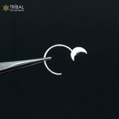 925 sterling silver moon design nose pin with U-band tribal jewelry style, featuring intricate tribal ornament details.