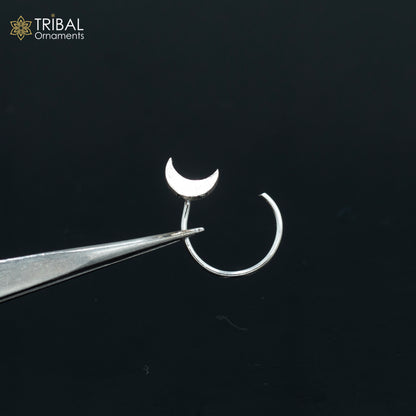 Sterling silver moon design nose pin by Tribal Ornaments, U-band tribal jewelry nose pin with intricate moon motif.