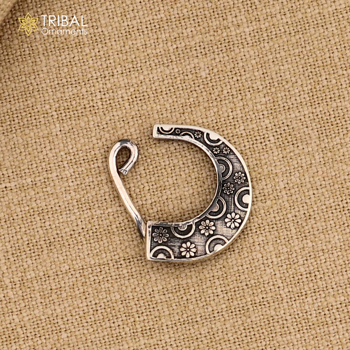 Sterling silver tribal nose pin with vintage design, clip-on style, ethnic tribal jewelry from Tribal Ornaments.