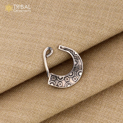 Vintage tribal design 925 sterling silver clip-on nose pin from Tribal Ornaments, featuring ethnic tribal jewelry style.