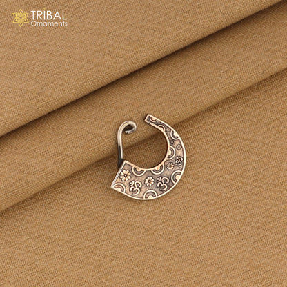 Sterling silver tribal nose pin with vintage design, clip-on style, traditional ethnic tribal jewelry by Tribal Ornaments
