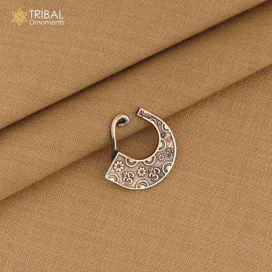 Sterling silver tribal nose pin with vintage design, clip-on style, traditional ethnic tribal jewelry by Tribal Ornaments