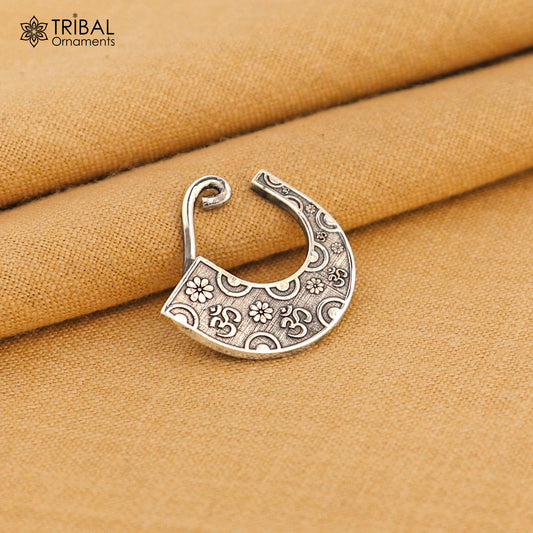 925 sterling silver tribal-style clip-on nose pin with vintage design, ethnic tribal jewelry, handcrafted by Tribal Ornaments.