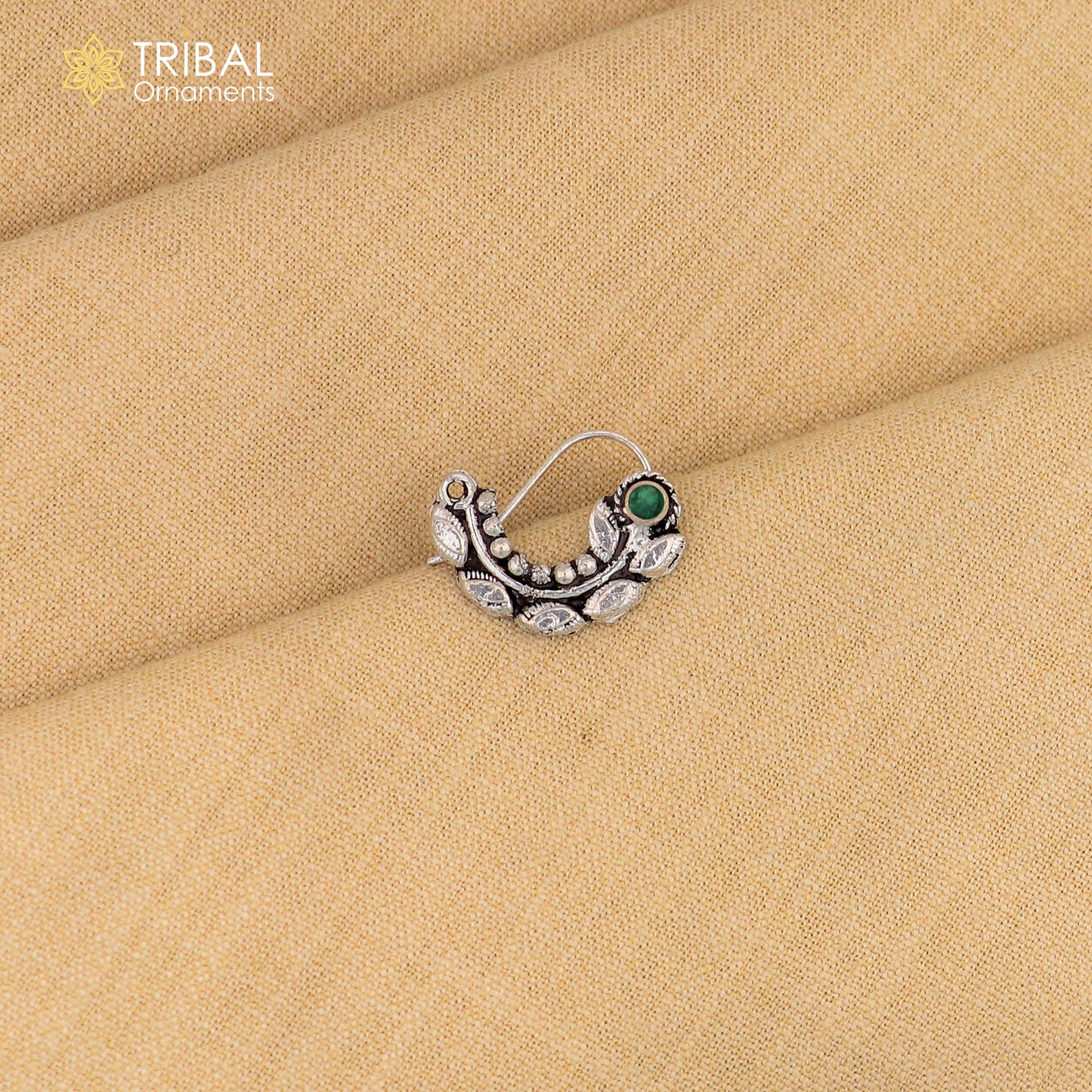 Sterling silver vintage leaf-shaped nose pin with pearl and stone detail, tribal ethnic jewelry by Tribal Ornaments.