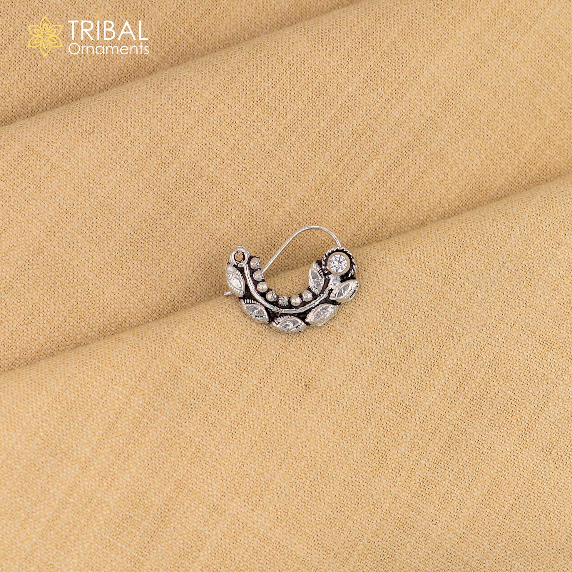 Sterling silver vintage leaf-shaped nose pin with pearl and stone accents, tribal ethnic jewelry by Tribal Ornaments.