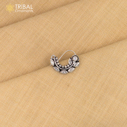 Sterling silver vintage leaf-shaped nose pin with pearl and stone accents, tribal ethnic jewelry by Tribal Ornaments.