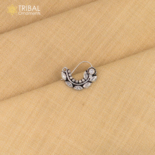 Sterling silver vintage leaf-shaped nose pin with pearl and stone accents, tribal ethnic jewelry by Tribal Ornaments.