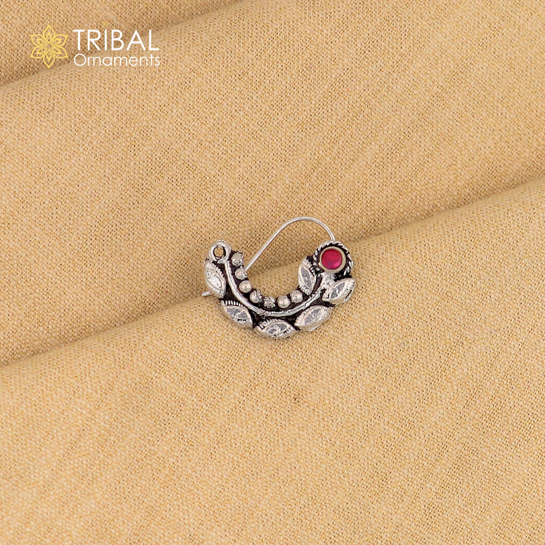 Sterling silver vintage leaf-shaped nose pin with pearl and stone accents, tribal and ethnic jewelry by Tribal Ornaments.