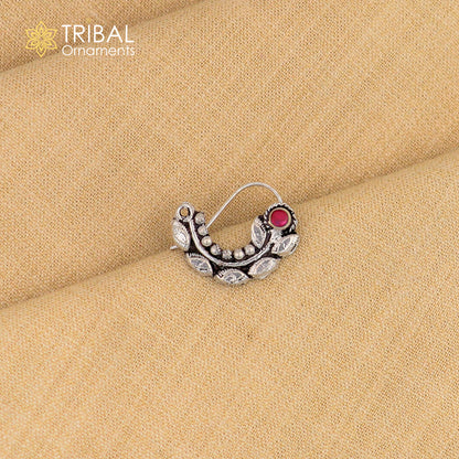 Sterling silver vintage leaf-shaped nose pin with pearl and stone accents, tribal and ethnic jewelry by Tribal Ornaments.