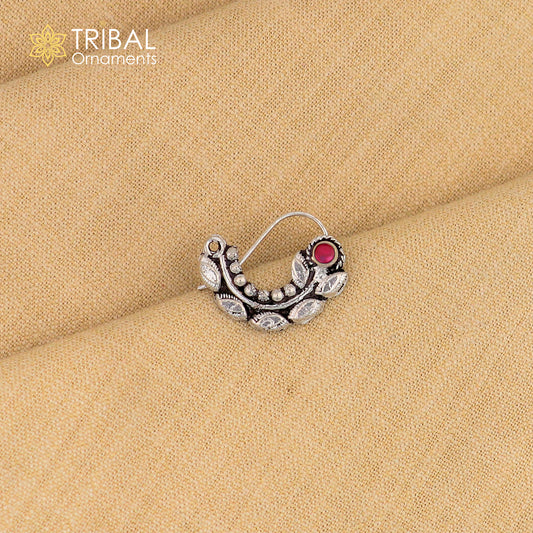 Sterling silver vintage leaf-shaped nose pin with pearl and stone accents, tribal and ethnic jewelry by Tribal Ornaments.