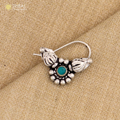 Sterling silver vintage round nose pin with red stone, tribal design, ethnic tribal jewelry, handcrafted nose pin.