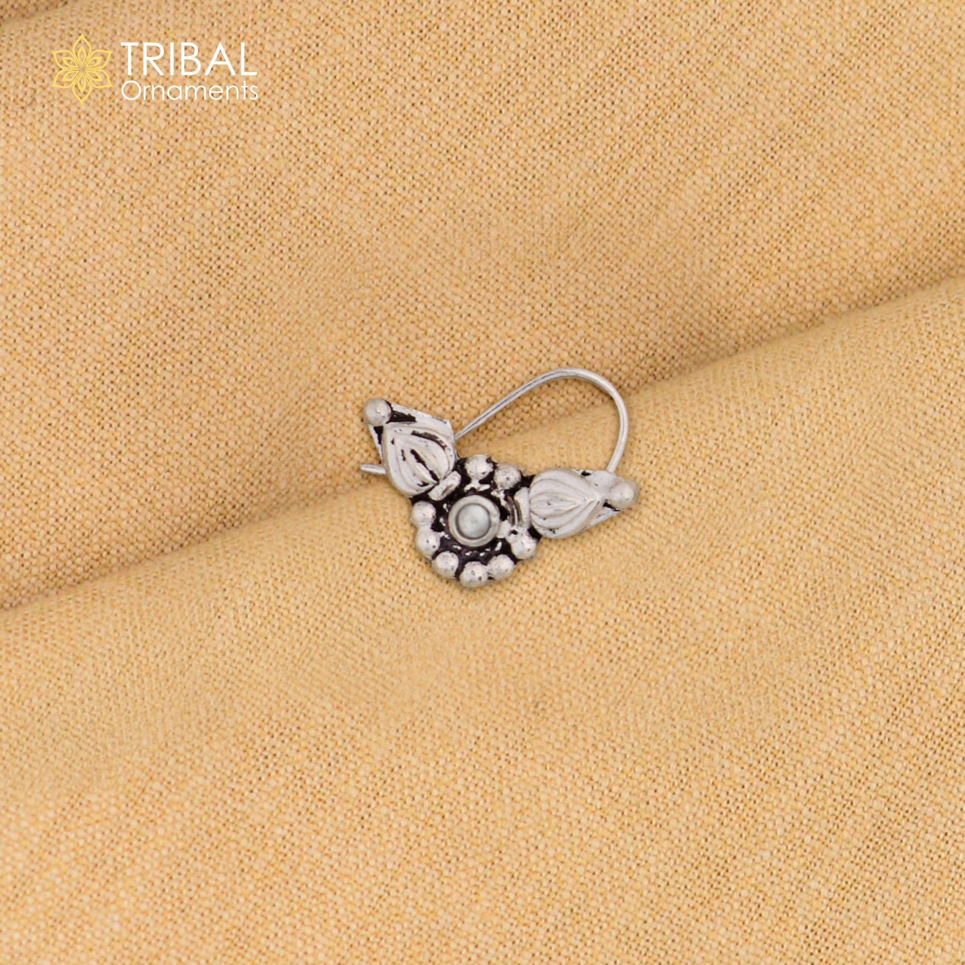 Sterling silver vintage nose pin with red stone, round design, tribal ethnic jewelry by Tribal Ornaments