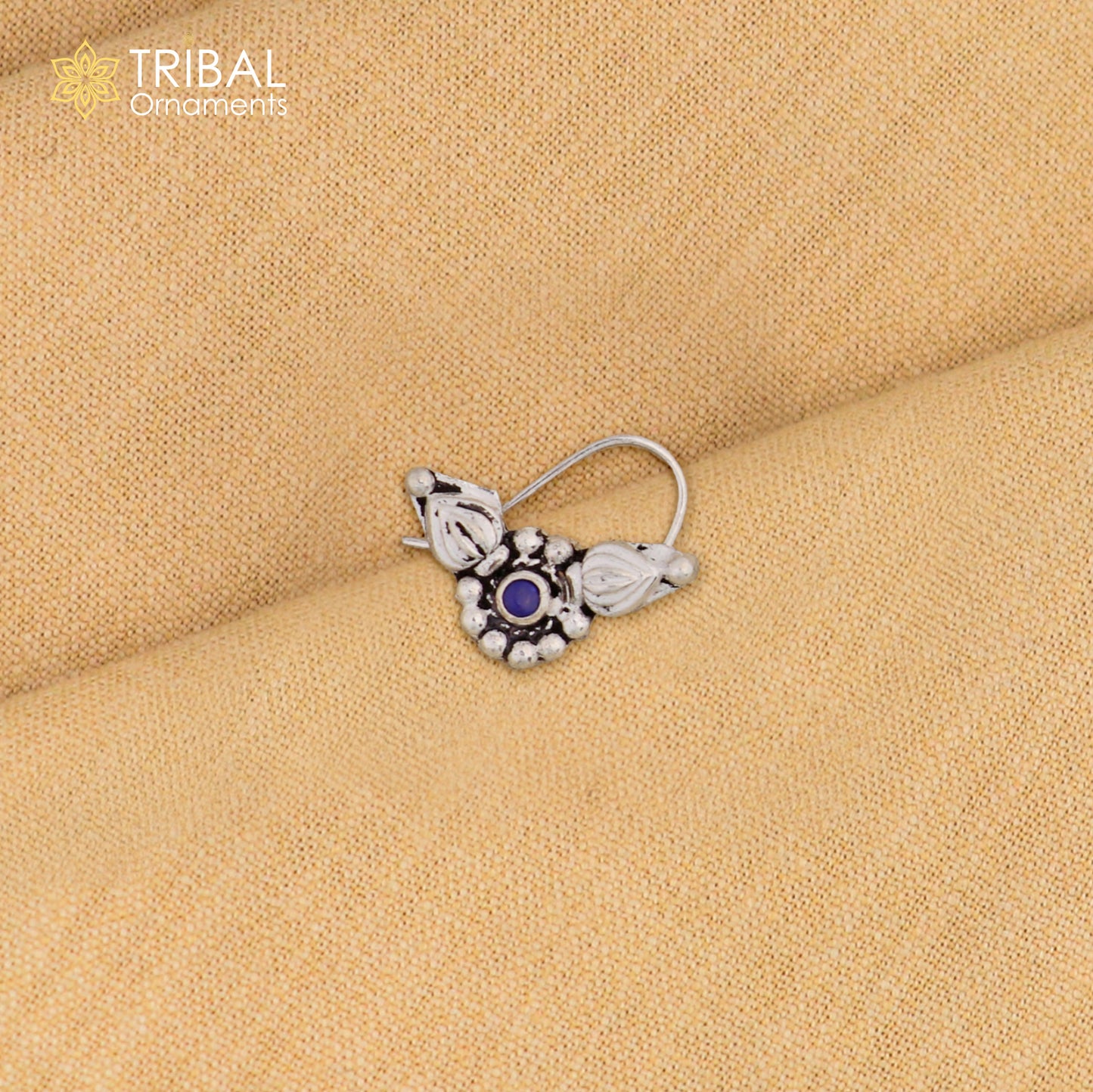 Sterling silver vintage nose pin with red stone, round design, tribal ethnic jewelry, traditional nose pin from Tribal Ornaments.