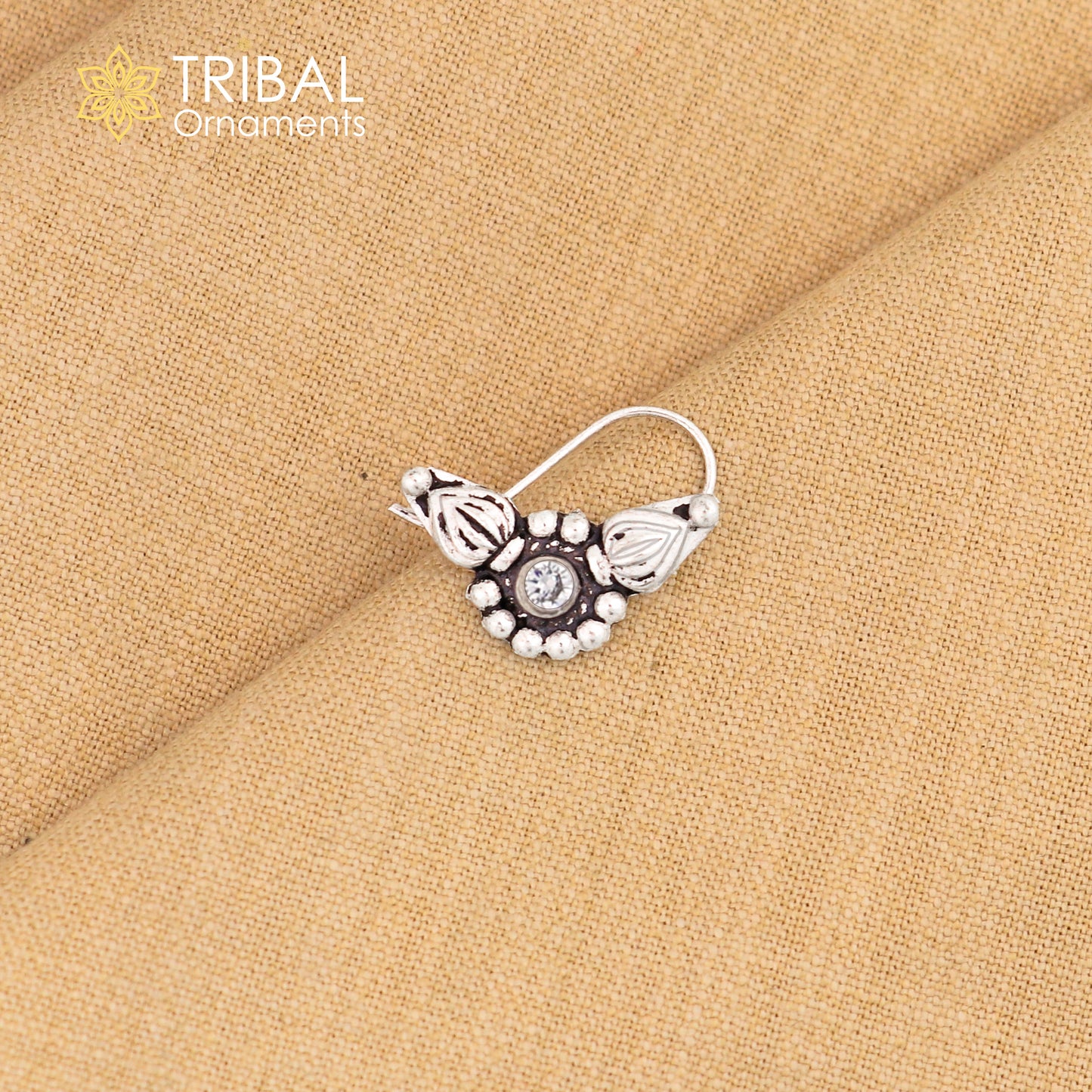 Vintage round design 925 sterling silver nose pin with red stone, tribal ethnic jewelry, crafted by Tribal Ornaments.