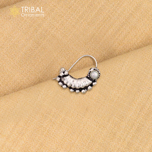 925 sterling silver nose pin with vintage tribal design and white stone, featuring ethnic tribal jewelry style.