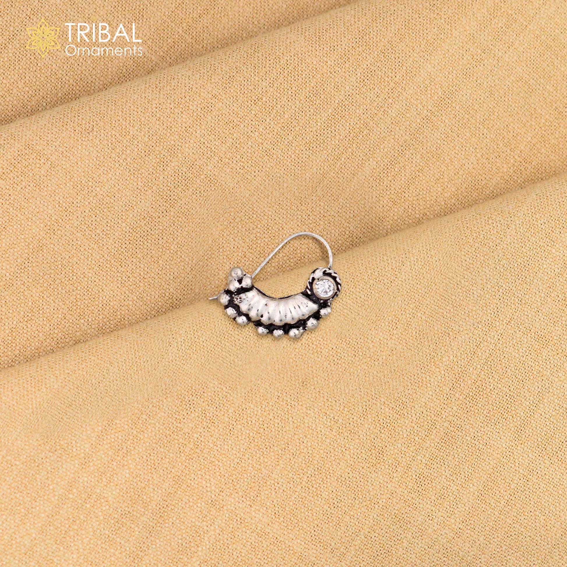 Sterling silver vintage tribal nose pin with white stone, stylish ethnic design, from Tribal Ornaments.