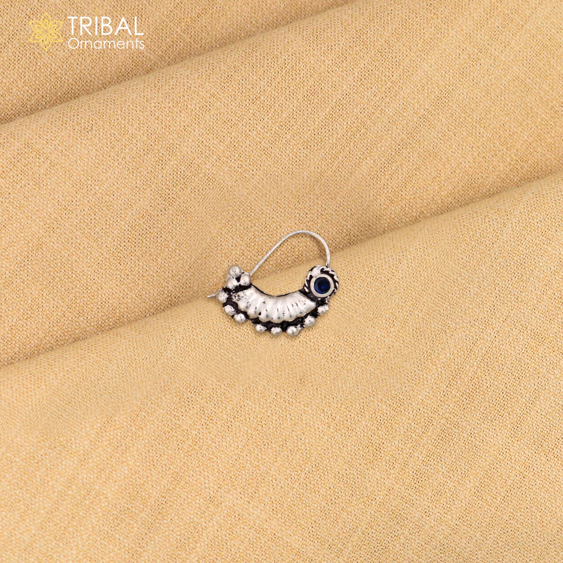 Sterling silver vintage tribal nose pin with white stone, stylish ethnic design, from Tribal Ornaments jewelry collection.