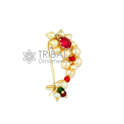 Indian traditional 18kt yellow gold nose pin with pearl and white stone, handmade tribal ethnic jewelry from Tribal Ornaments.