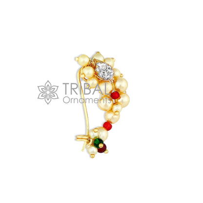 Indian traditional nose pin stud with white stone, 18k yellow gold, and pearl, handmade ethnic jewelry from Tribal Ornaments.